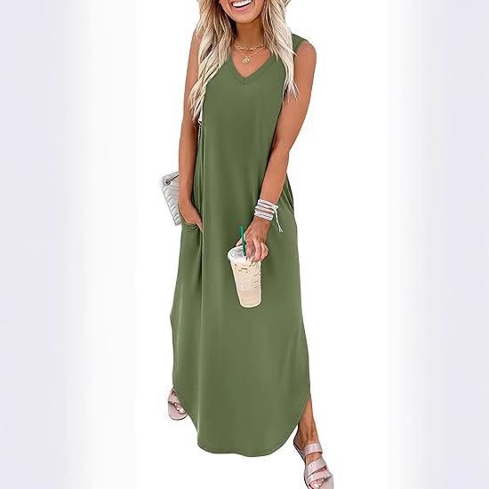 Damen Maxi-Kleid mit modernem V-Ausschnitt und praktischem Taschendesign EB