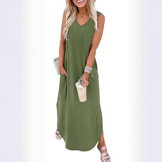 Damen Maxi-Kleid mit modernem V-Ausschnitt und praktischem Taschendesign EB