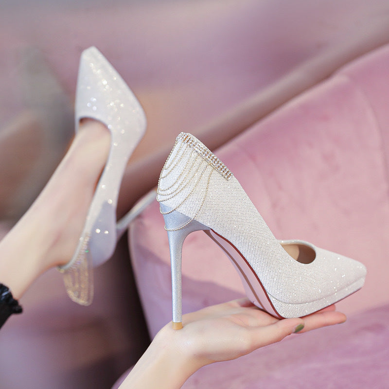 Damen nan elegante Abend-Pumps mit feinem Glitzermesh, spitzer Zehenpartie, filigranem Stilettoabsatz und dekorativer Fersenapplikation EB
