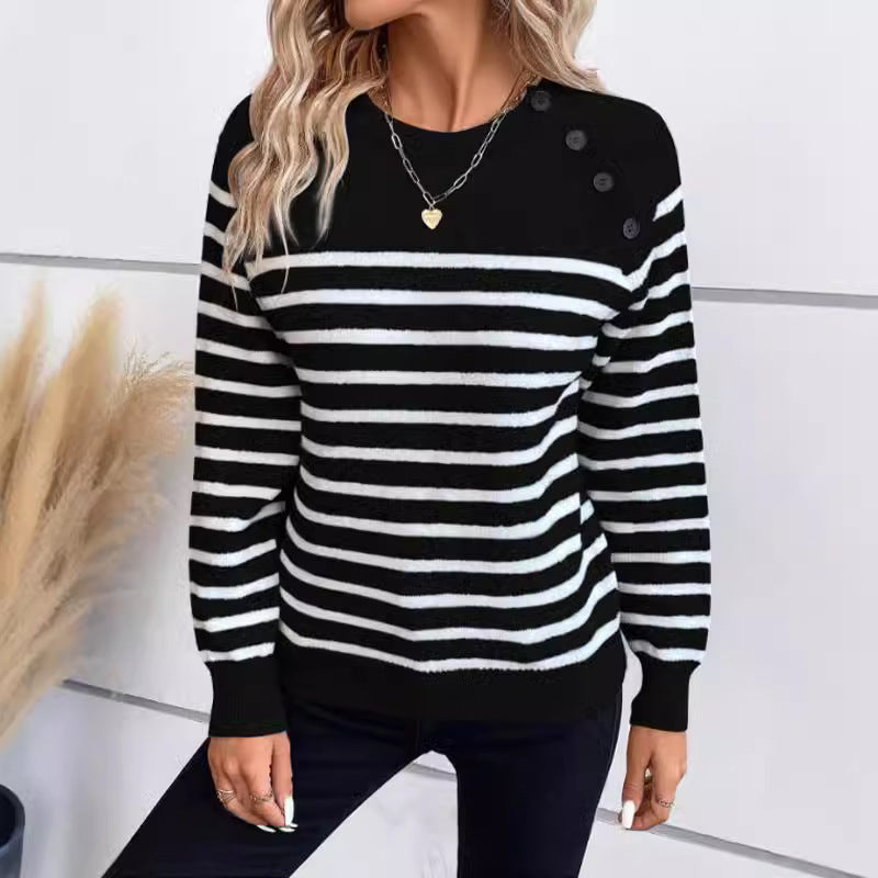 Damen gestreifter Pullover mit dekorativen Knopfdetails und Rundhalsausschnitt EB