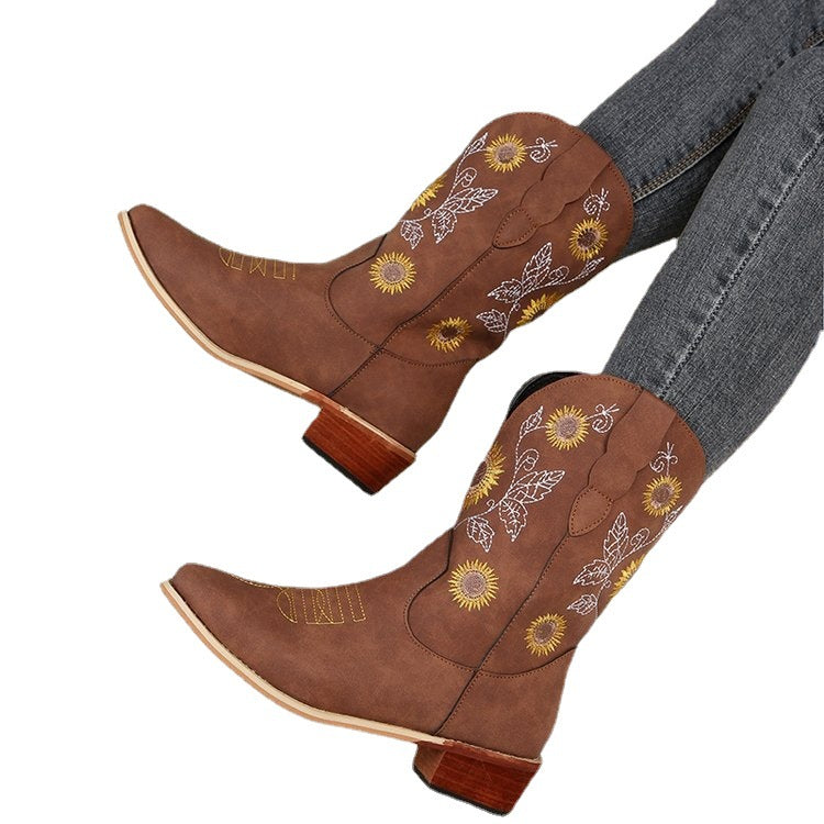 Damen Cowboy-Stiefel mit floralem Stickdesign und robustem Blockabsatz EB