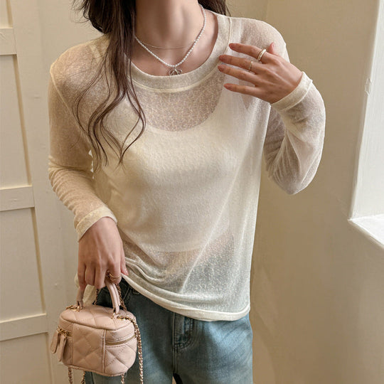 Damen Longsleeve Shirt Aus Leicht Transparentem Material mit Elegantem Fall EB