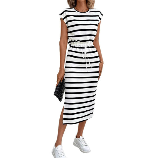Damen Midikleid mit Streifenmuster und elastischem Taillenzug EB