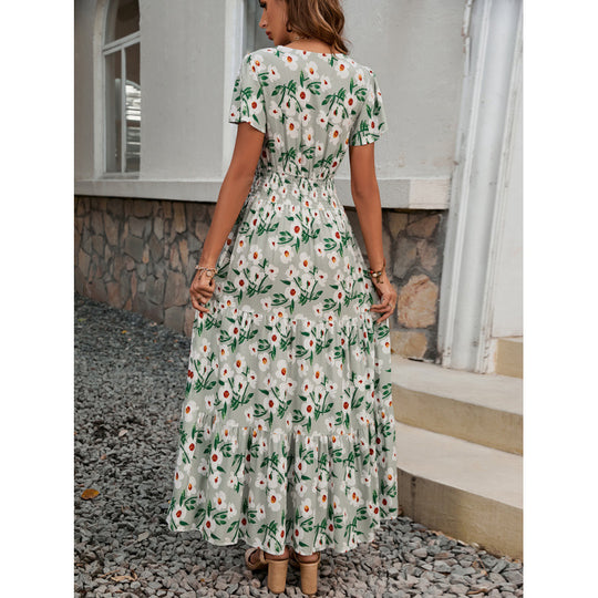 Damen Maxikleid mit floralem Design und elastischem Taillenbund EB