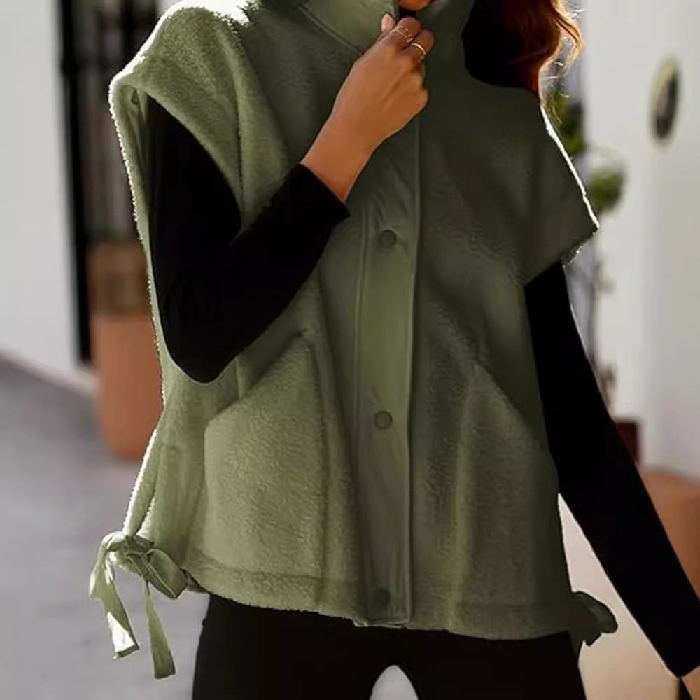 Damen Oversized Fleecewestenjacke mit seitlichen Eingrifftaschen und Druckknopfverschluss EB