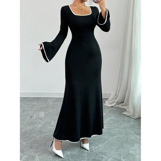 Damen Elegantes Maxikleid mit weiten Ärmeln und quadratischem Ausschnitt EB