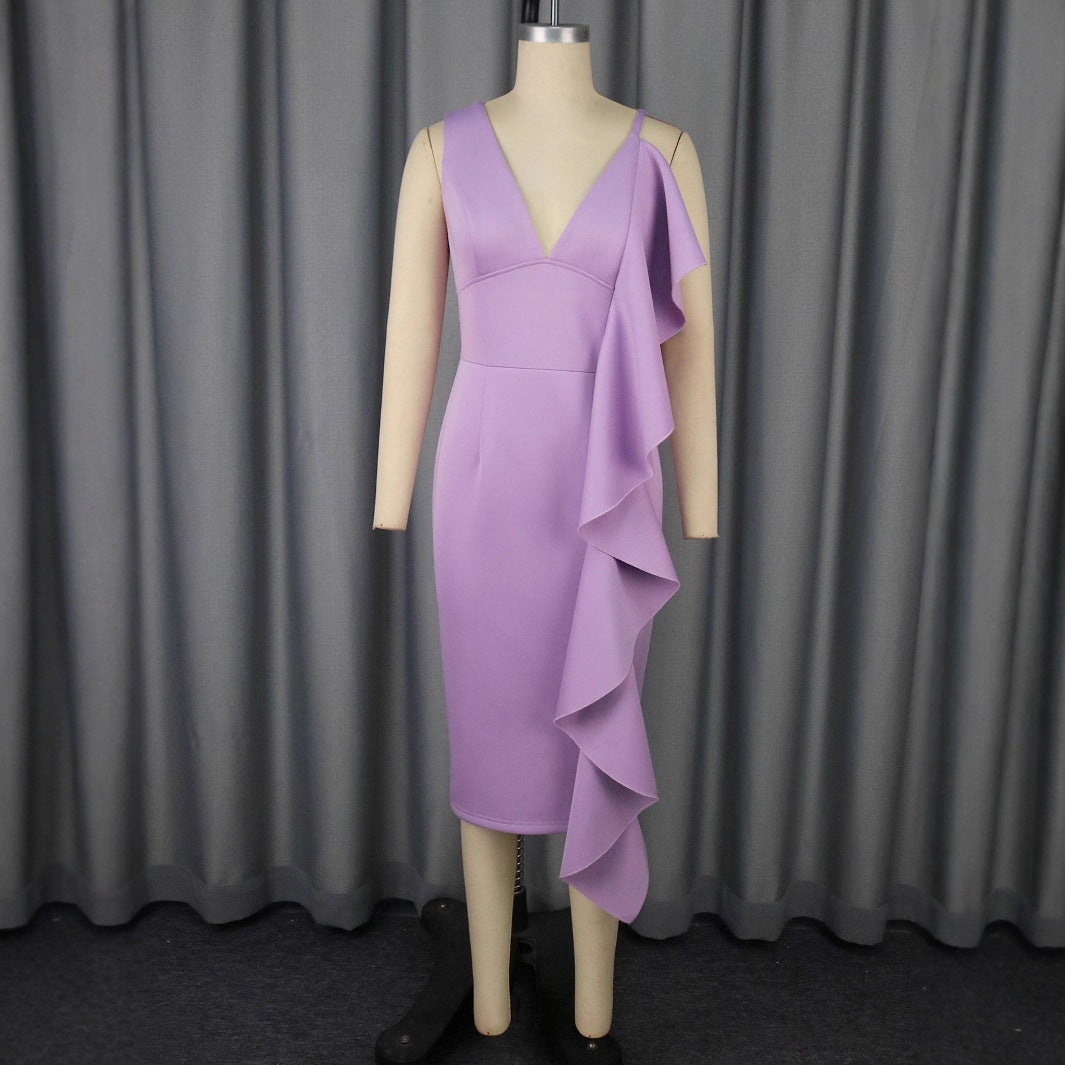 Damen figurbetontes Kleid mit asymmetrischem Rüschendesign EB
