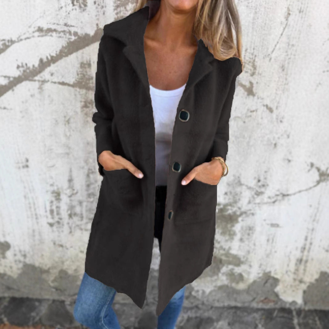 Damen Teddy-Mantel mit Oversize-Kragen, dekorativen Knöpfen und Eingrifftaschen EB