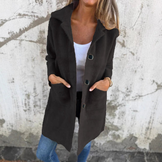 Damen Teddy-Mantel mit Oversize-Kragen, dekorativen Knöpfen und Eingrifftaschen EB