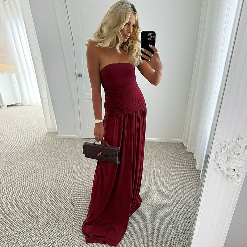 Damen Maxikleid mit elastischem Oberteil und fließendem Rock EB