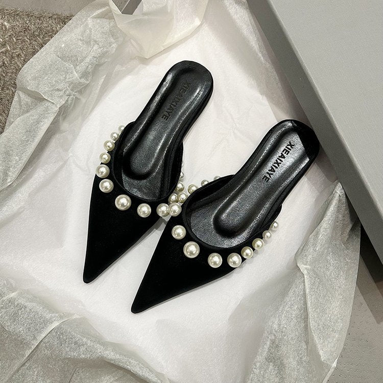 Damen Spitzen-Mules mit glänzenden Perlenverzierungen EB