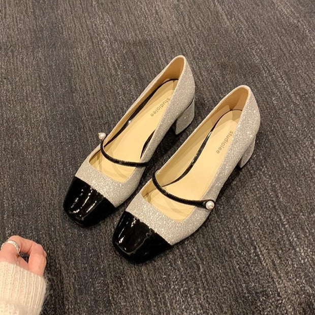 Damen Elegante Glitzer-Pumps mit doppeltem Riemchen und komfortablem Blockabsatz EB