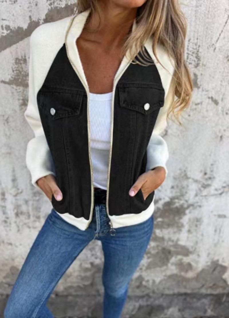 Damen lässige Sweaterjacke mit Denim-Style und Fleeceärmeln EB