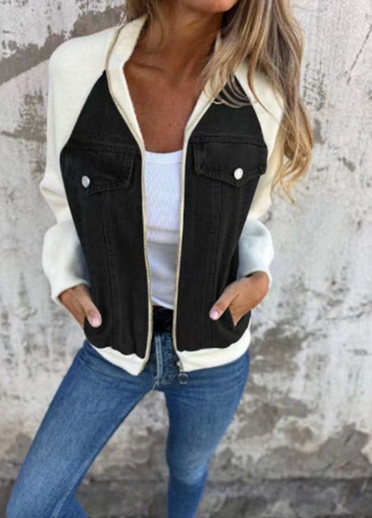 Damen lässige Sweaterjacke mit Denim-Style und Fleeceärmeln EB