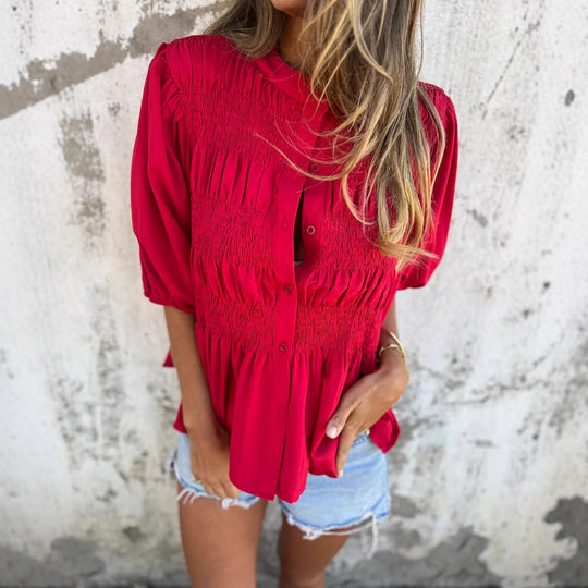 Damen elegante Bluse mit Raffung und durchgehender Knopfleiste EB