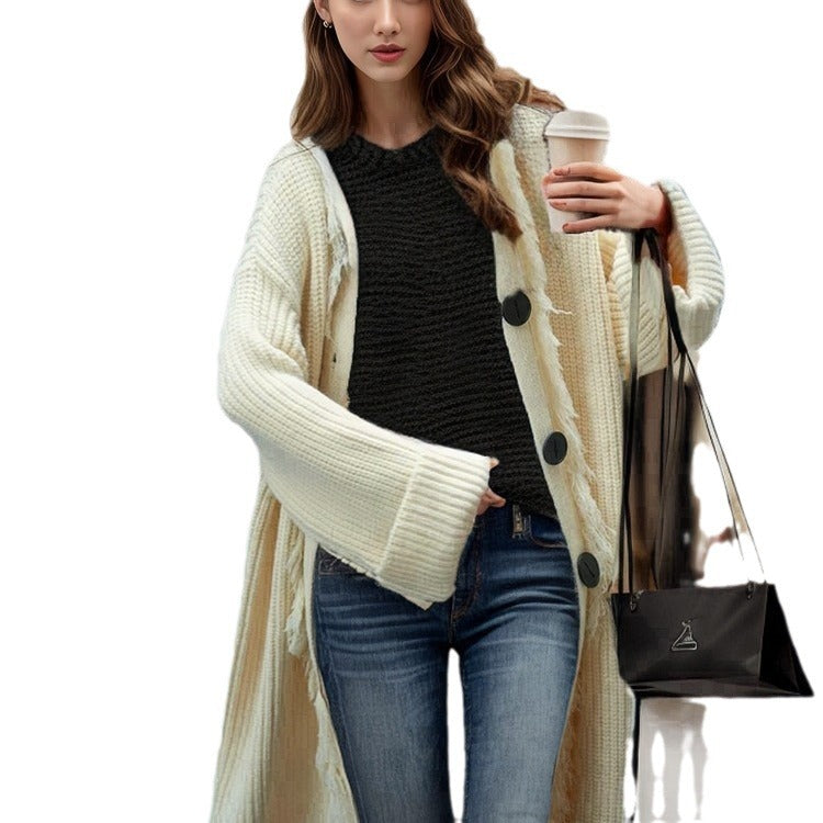 Damen lässiger Strickmantel mit fransigen Abschlüssen und großzügigen Taschen EB
