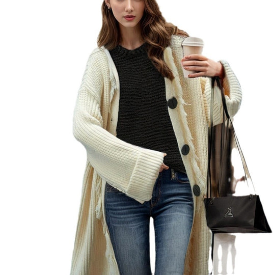 Damen lässiger Strickmantel mit fransigen Abschlüssen und großzügigen Taschen EB
