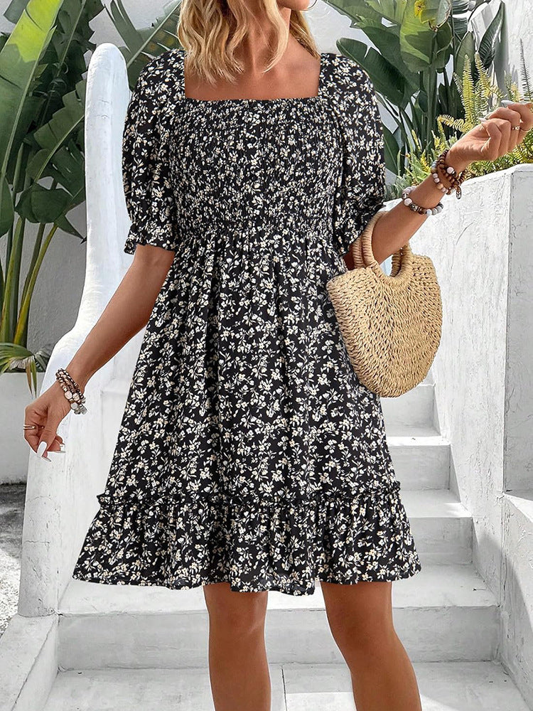 Damen romantisches Sommerkleid mit Puffärmeln und Rüschen EB