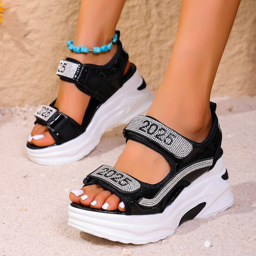 Damen Sportliche Wedge-Sandalen mit verstellbarem Riemchen und funkelndem Detail EB