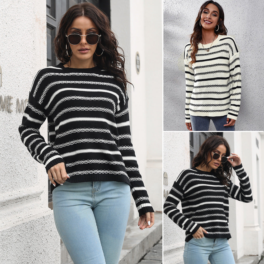 Damen Lässiger Strickpullover mit modernem Streifenmuster und komfortablem Schnitt EB