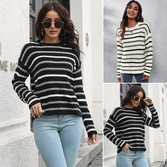 Damen Lässiger Strickpullover mit modernem Streifenmuster und komfortablem Schnitt EB