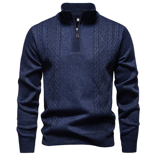 Herren nan gehobener Strickpullover mit Halbzip, Stehkragen und dekorativem Zopfmuster EB