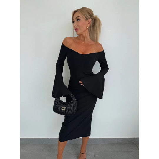 Damen Off-Shoulder Midi Kleid mit weit ausgestellten Ärmeln EB