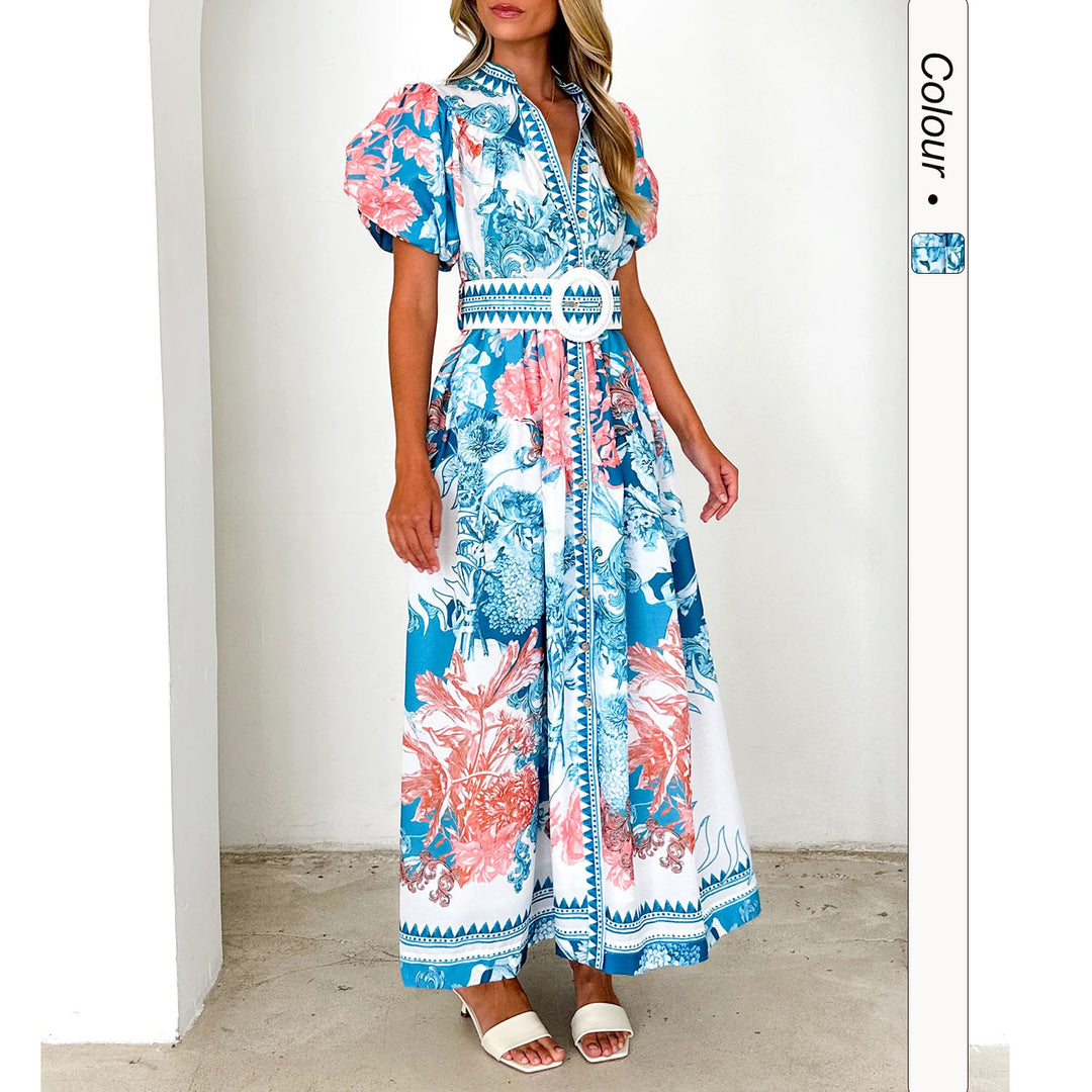 Damen Maxikleid mit hohem Kragen und eleganten Puffärmeln EB