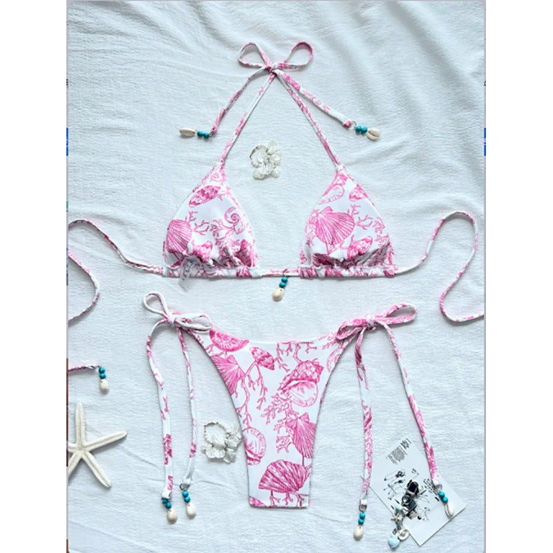 Damen Triangel-Bikini mit verspieltem Muschelmuster und schicker Knotendetail EB