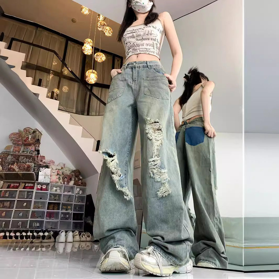 Damen Weite Destroyed Jeans im Vintage-Stil mit modischen Rissdetails EB