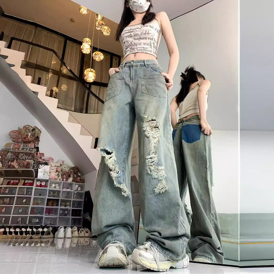 Damen Weite Destroyed Jeans im Vintage-Stil mit modischen Rissdetails EB