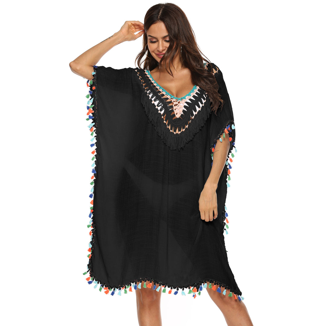 Damen Strandkaftan mit buntem Quastenrand EB