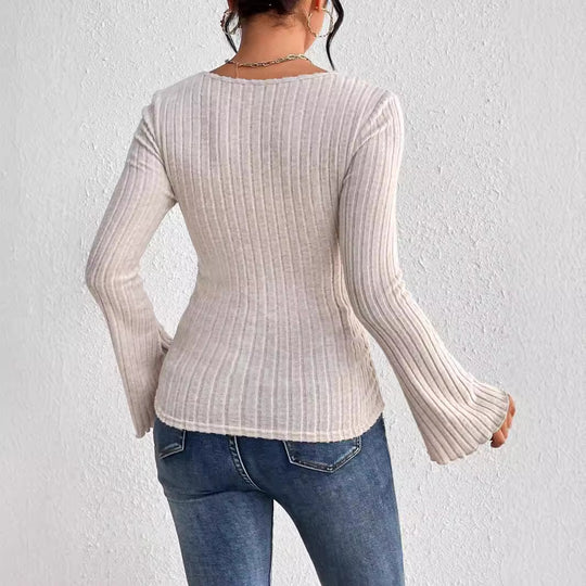 Damen geripptes Langarm-Top mit herzförmigem Dekolleté Taillennaht Twist-Detail und Trompetenärmeln Eichborn Berlin