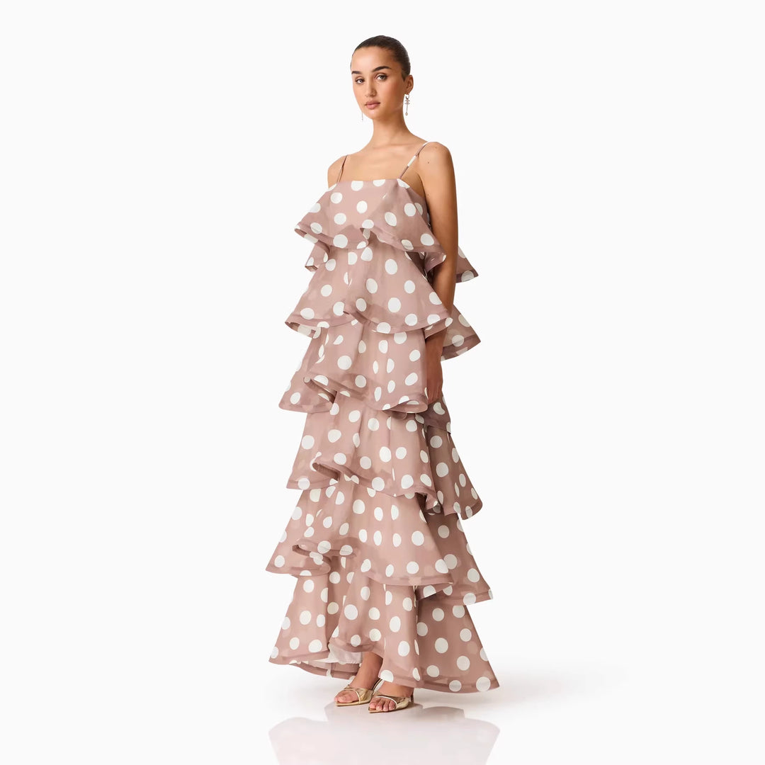 Damen Maxikleid mit verspielten Rüschen und Punkten EB