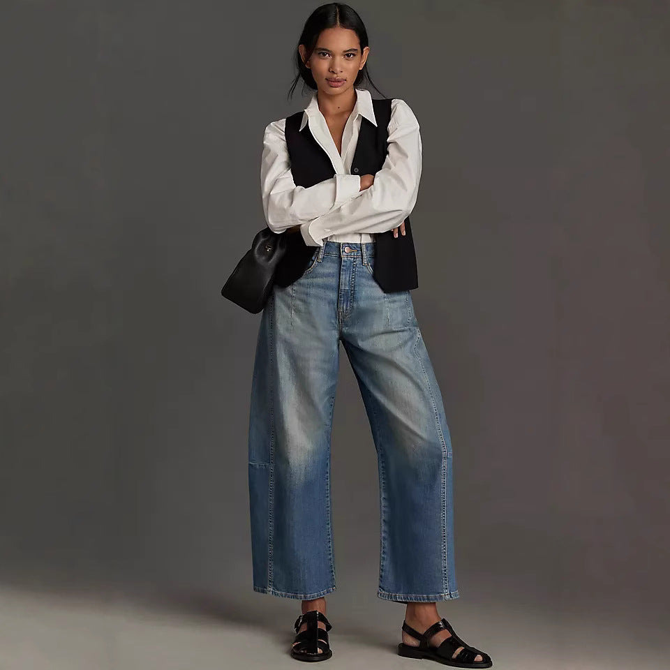 Damen nan hochgeschnittene weite Culotte-Jeans mit verkürzter Länge und dekorativen Nahtdetails EB