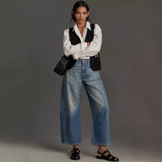 Damen nan hochgeschnittene weite Culotte-Jeans mit verkürzter Länge und dekorativen Nahtdetails EB