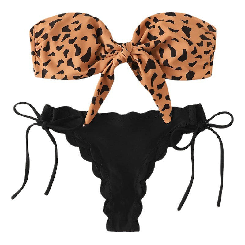 Damen Bandeau-Bikini mit modischem Leopardenmuster und verstellbarem Höschen EB