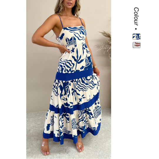 Damen Maxikleid mit elastischem Taillenbund und bohemian Muster EB