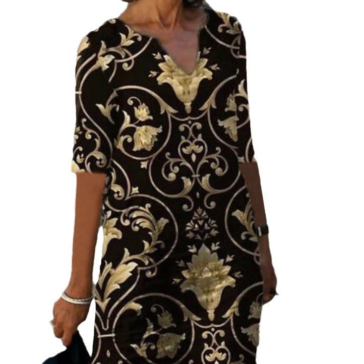 Damen luxuriöses V-Ausschnitt Kleid mit floralem Design und kurzem Ärmel EB