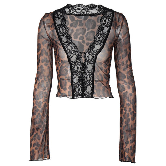Damen Spitzenbluse mit Leopardenmuster und tiefem V-Ausschnitt EB