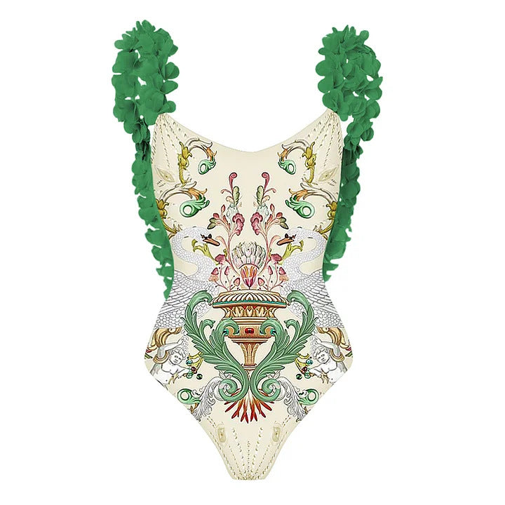 Damen Badeanzug-Set mit floraler Rüschendekoration und elegantem Maxirock EB