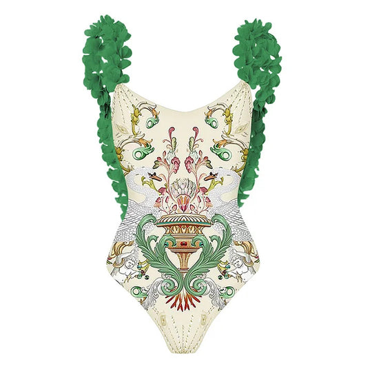 Damen Badeanzug-Set mit floraler Rüschendekoration und elegantem Maxirock EB