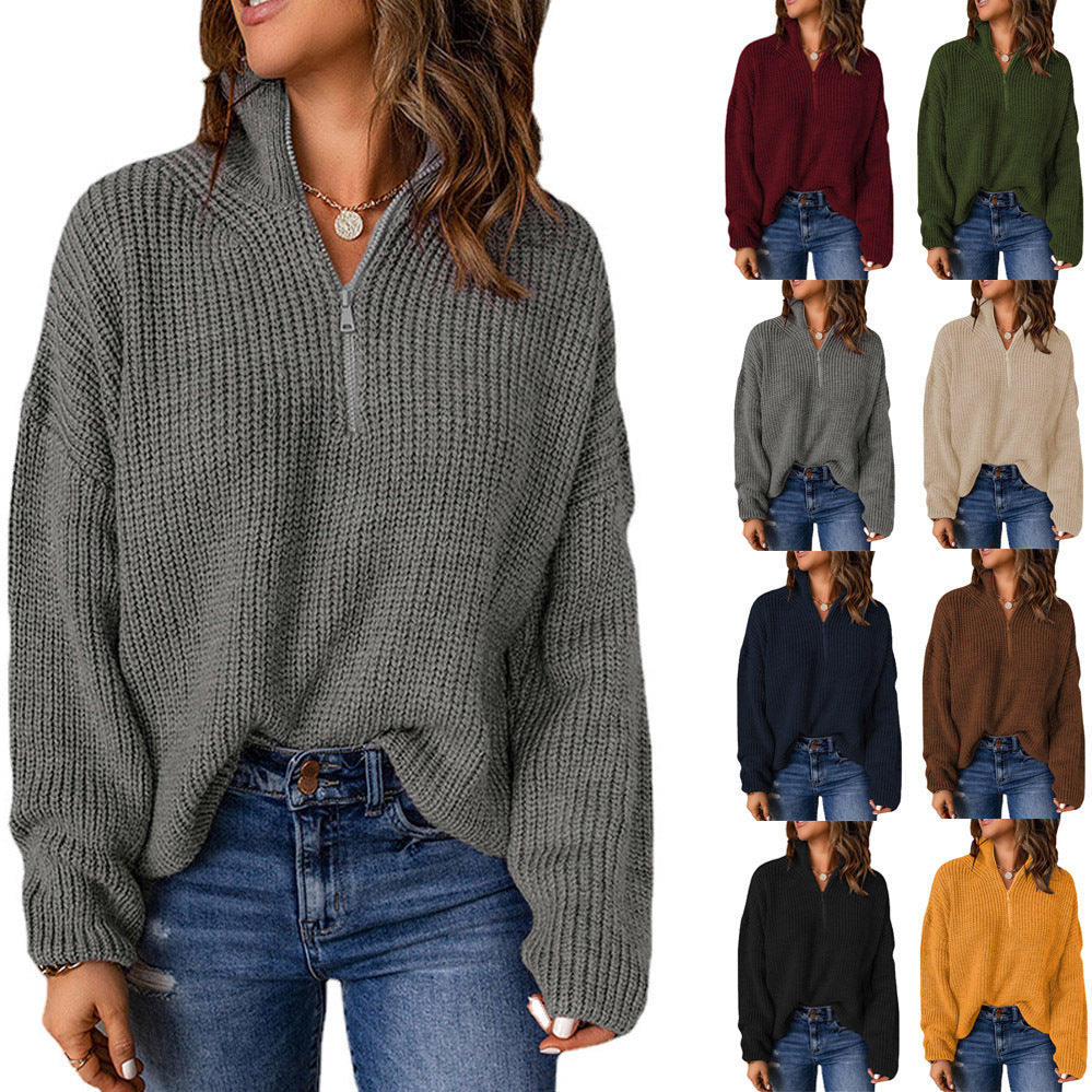 Damen Grobstrickpullover mit Stehkragen und Reißverschluss EB