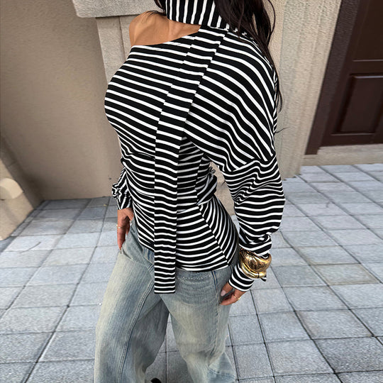 Damen asymmetrisches Streifenoberteil mit schulterfreiem Design und eleganter Schluppe EB