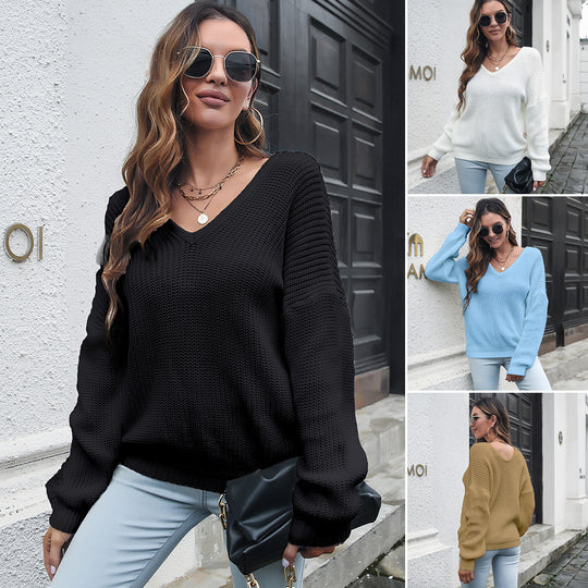 Damen V-Ausschnitt Strickpullover mit strukturierter Oberfläche und lässigem Schnitt EB