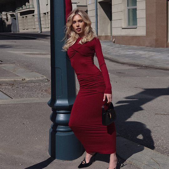 Damen Elegantes und figurbetontes Maxikleid mit Raffungen EB