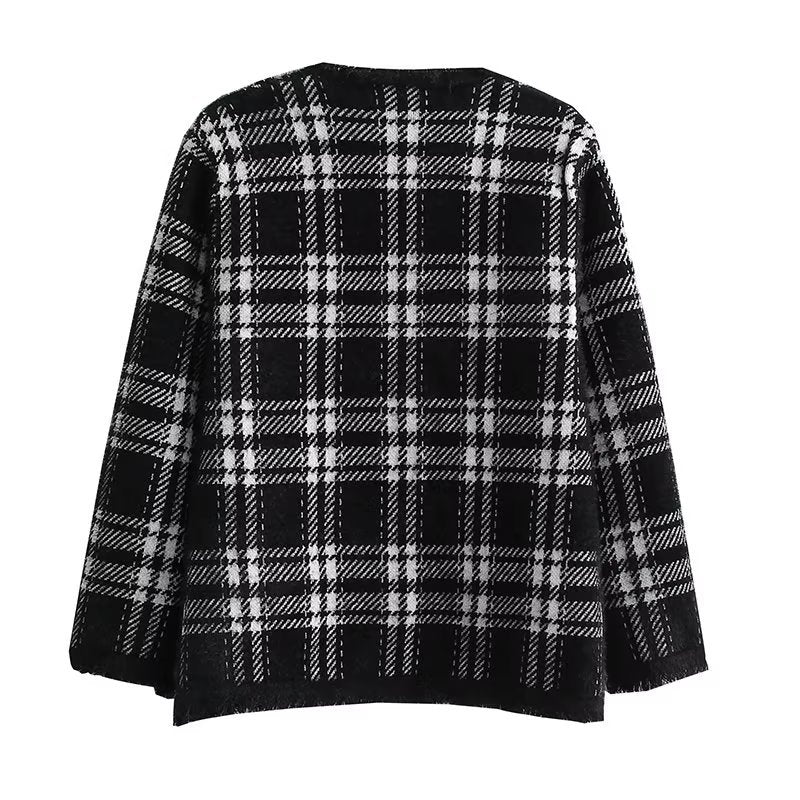 Damen modische Langenjacke mit Karomuster und eleganten Knopfdetails EB