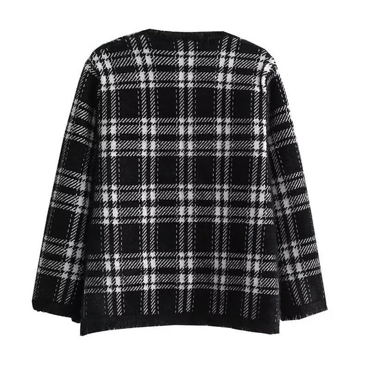 Damen modische Langenjacke mit Karomuster und eleganten Knopfdetails EB