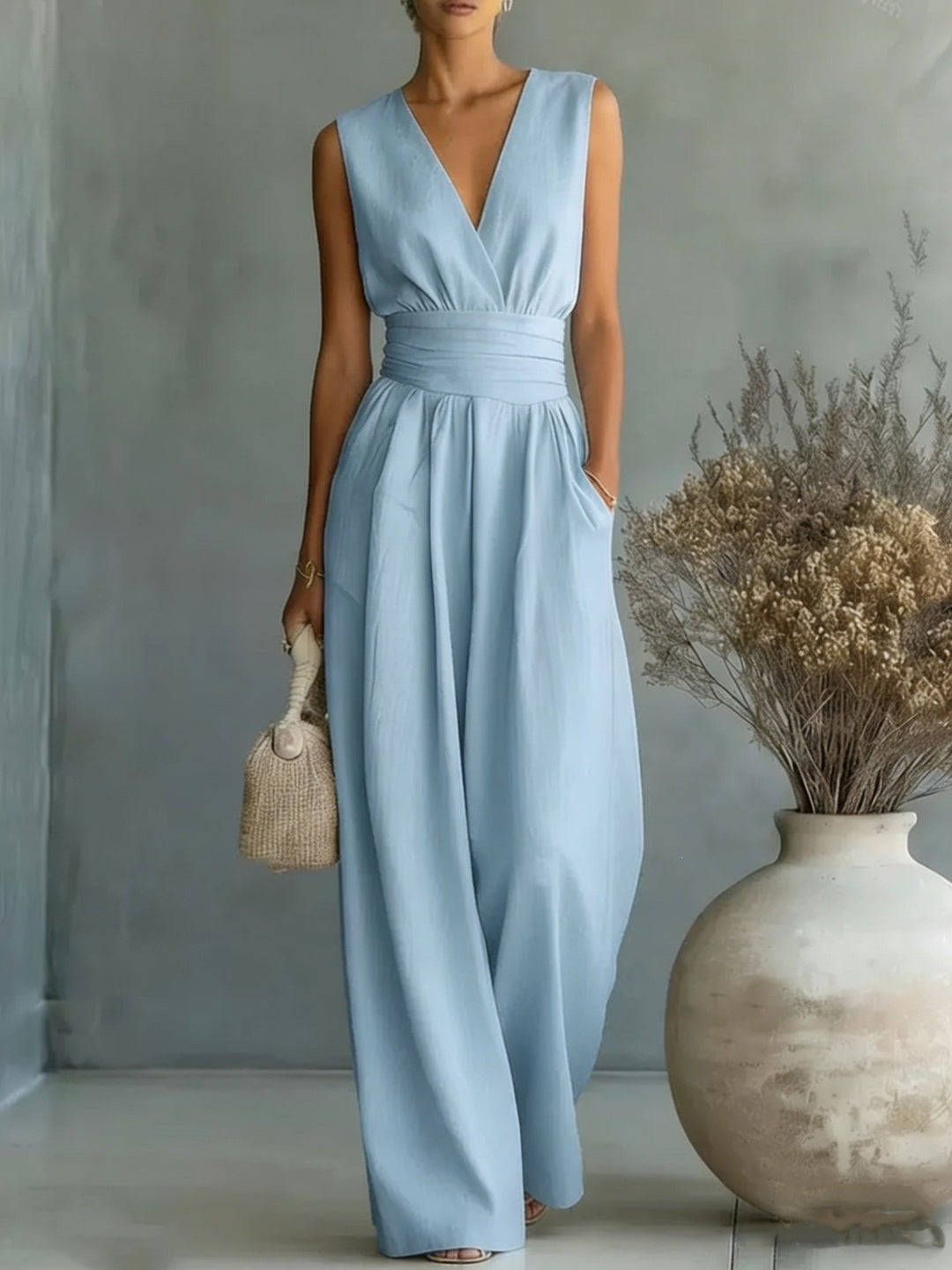 EB | Eleganter Ärmelloser Jumpsuit mit Tiefem V-Ausschnitt, Taillenbund und Weitem Bein