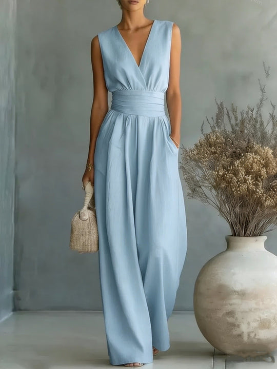 EB | Eleganter Ärmelloser Jumpsuit mit Tiefem V-Ausschnitt, Taillenbund und Weitem Bein